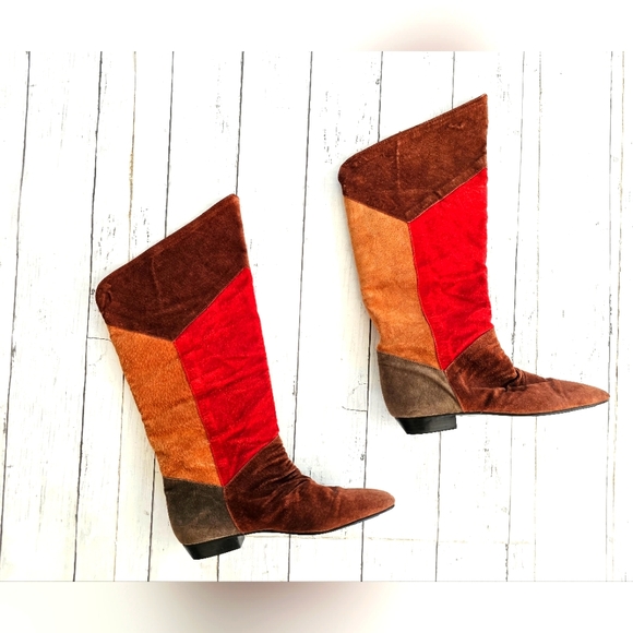Vintage RARE Passports Suede Patchwork Knee High Low Heel Boots Red Tan Brown - Picture 3 of 15